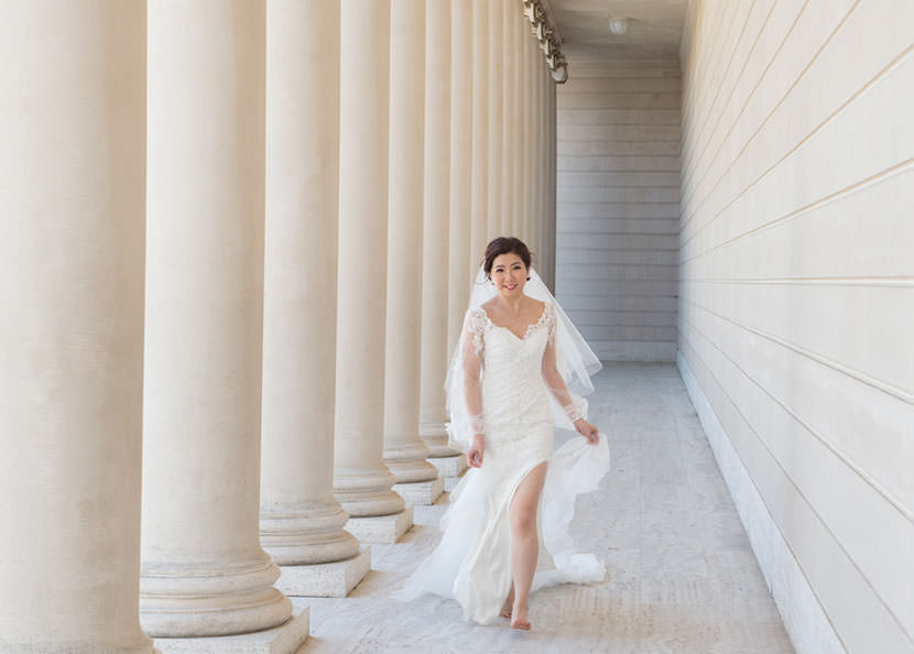 Bride running at Legion of Honor